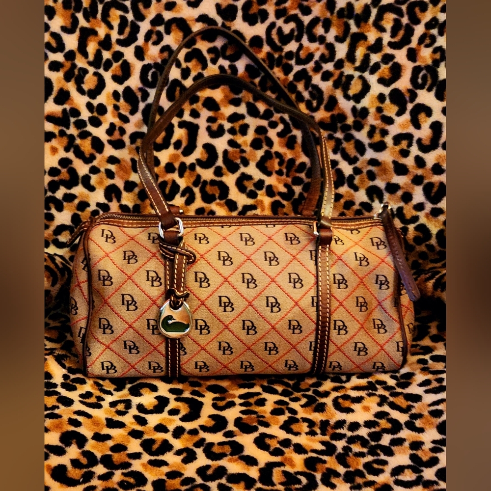 Dooney & Bourke Signature Monogram Barrel Bag in Tan and Brown